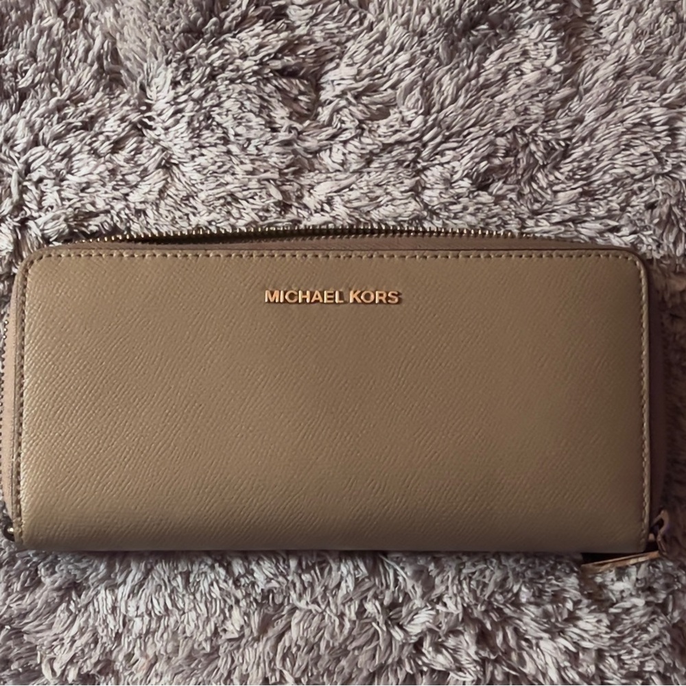 Michael Kors Taupe Zip-Around Continental Wallet with Gold Logo